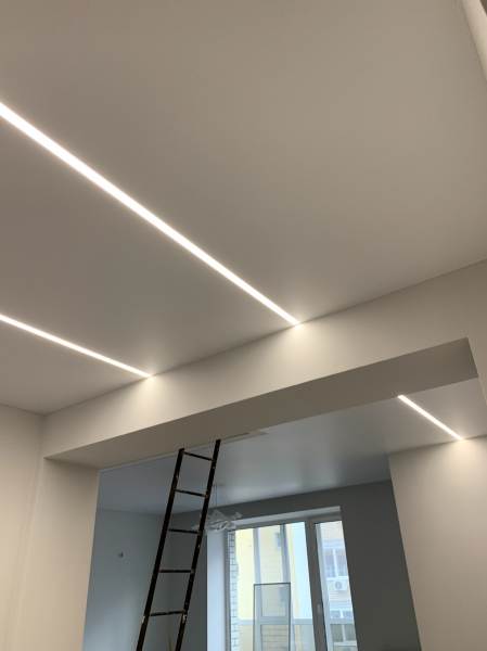 Фото натяжного потолка со световыми линиями в зал